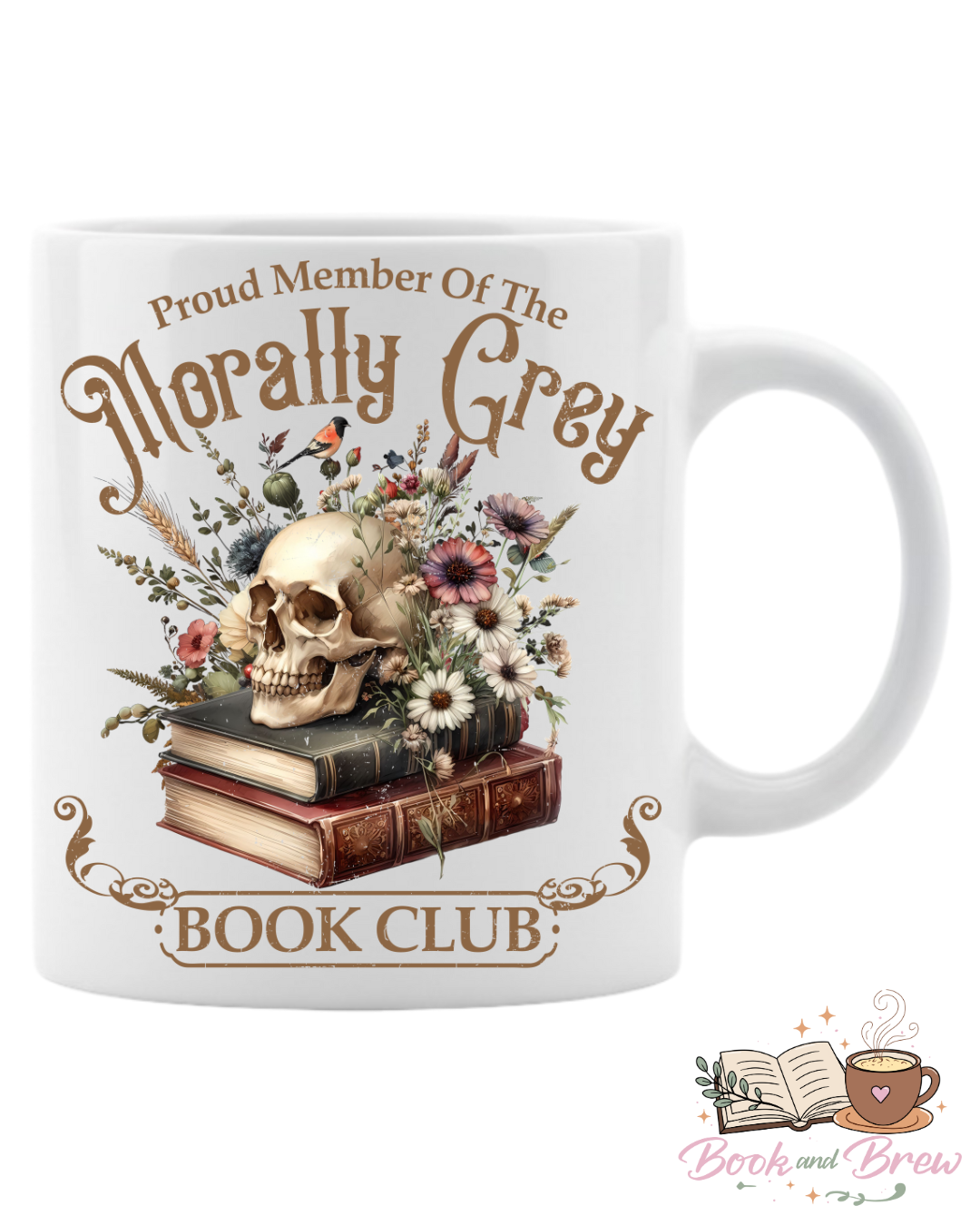 Vintage looking books with a large skull on top and flowers behind. Words morally grey book club above and below the books