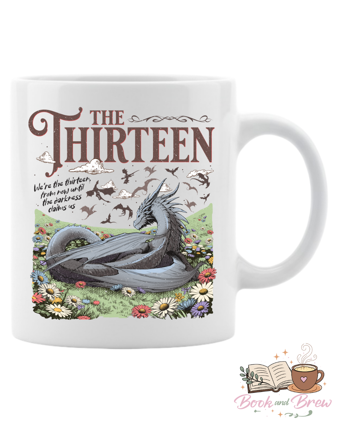 Mug with large wyvern illustration and 12 smaller wyverns in the back. 'The Thirteen' text on a white background