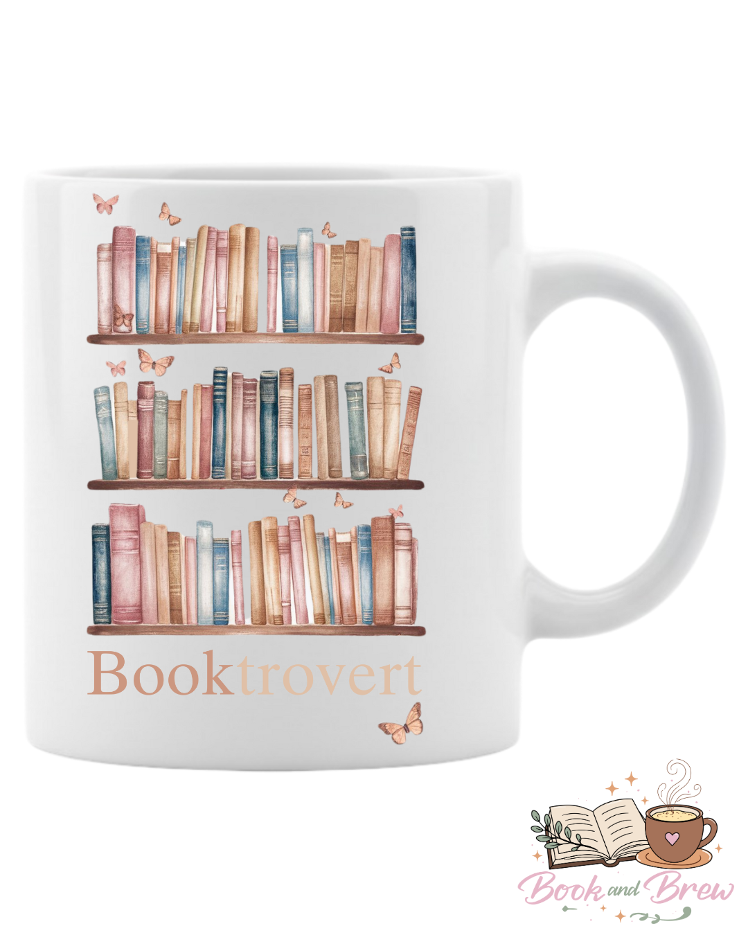 3 bookshelves with coloured book spines and pink butterflies round the books. Underneath there are the words Booktrovert in a light brown colour. 